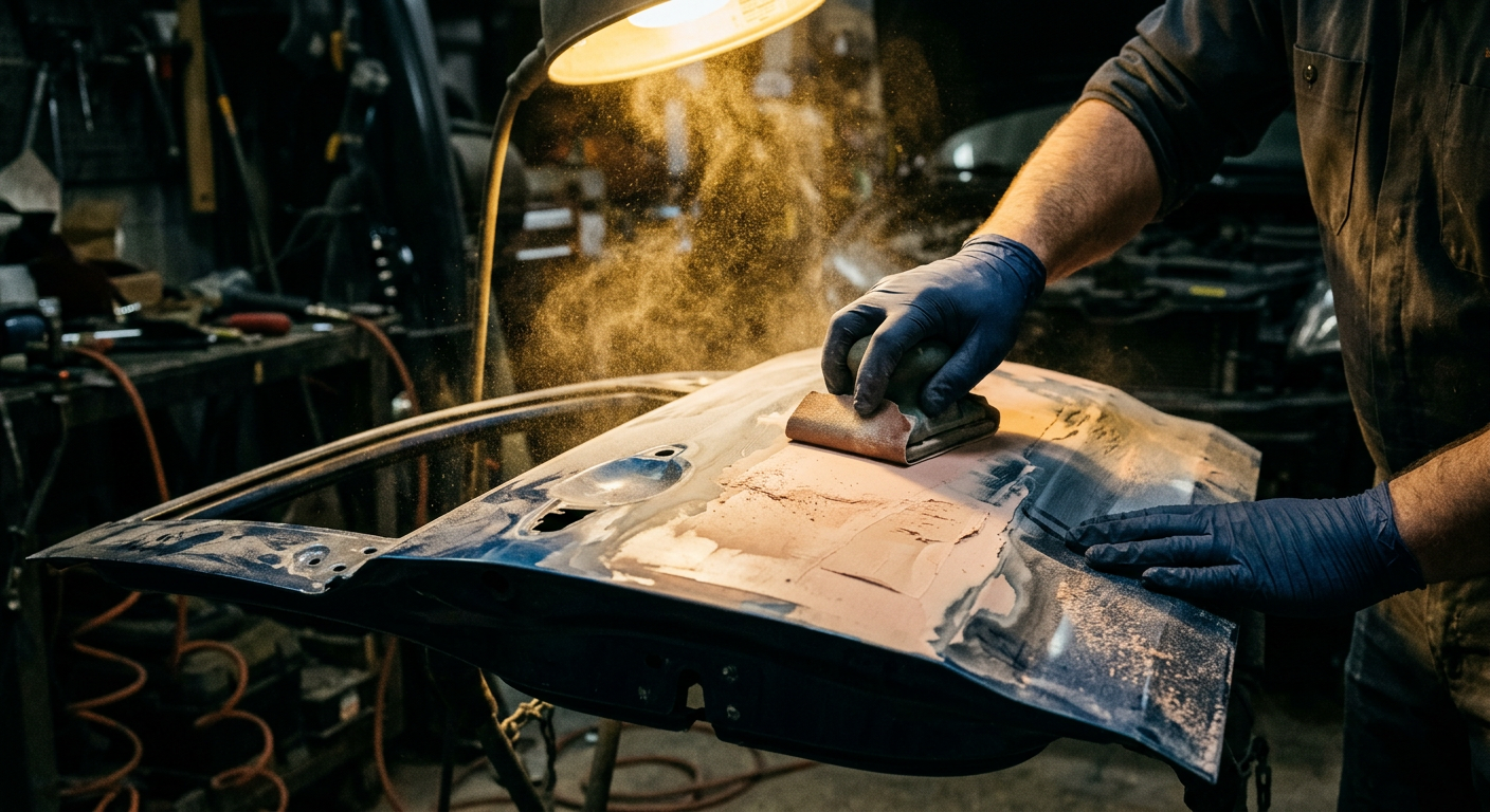 Technician sanding and shaping a car door panel