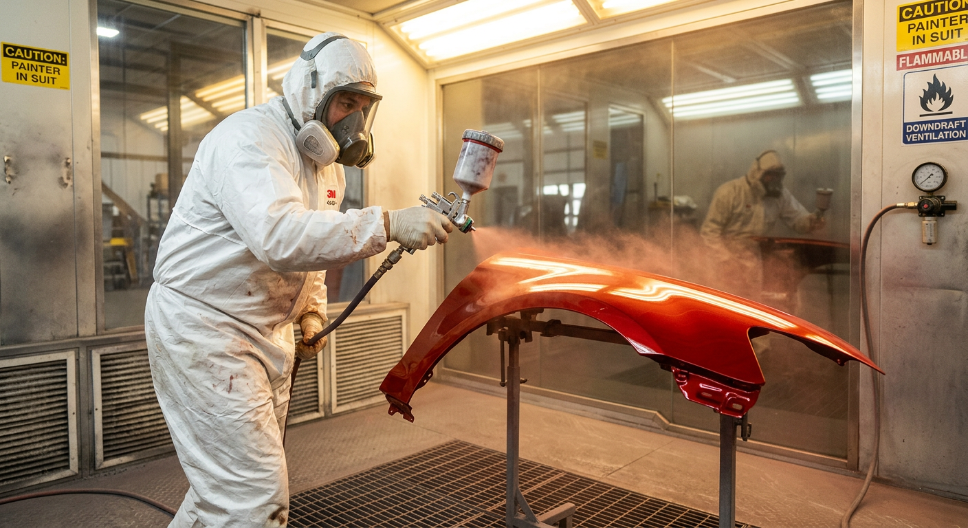 Painter in protective suit spraying paint on a car fender in a paint booth