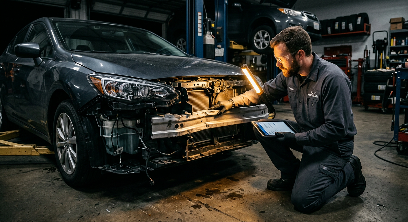 Technician assessing front-end collision damage on a sedan