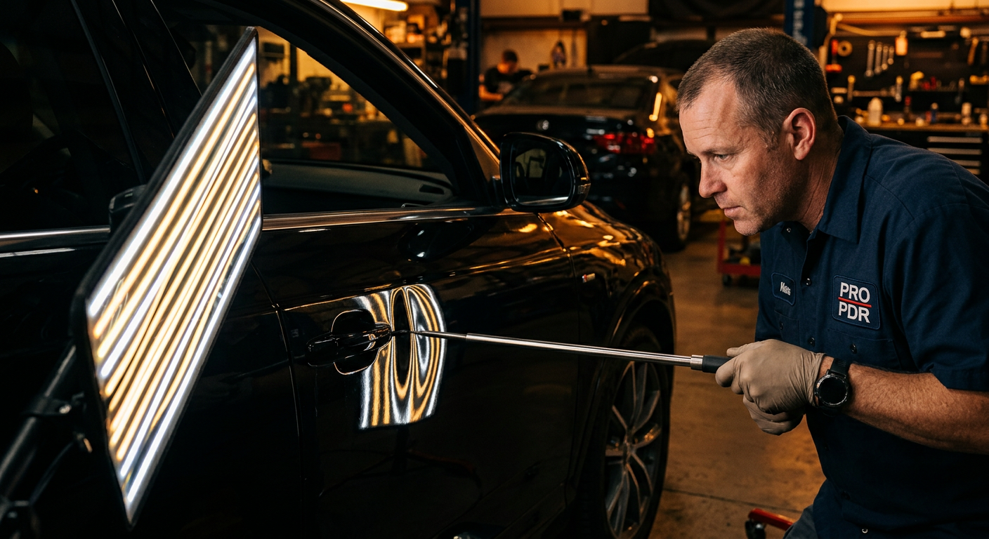 Dent repair being performed on a glossy black car door with a reflection board