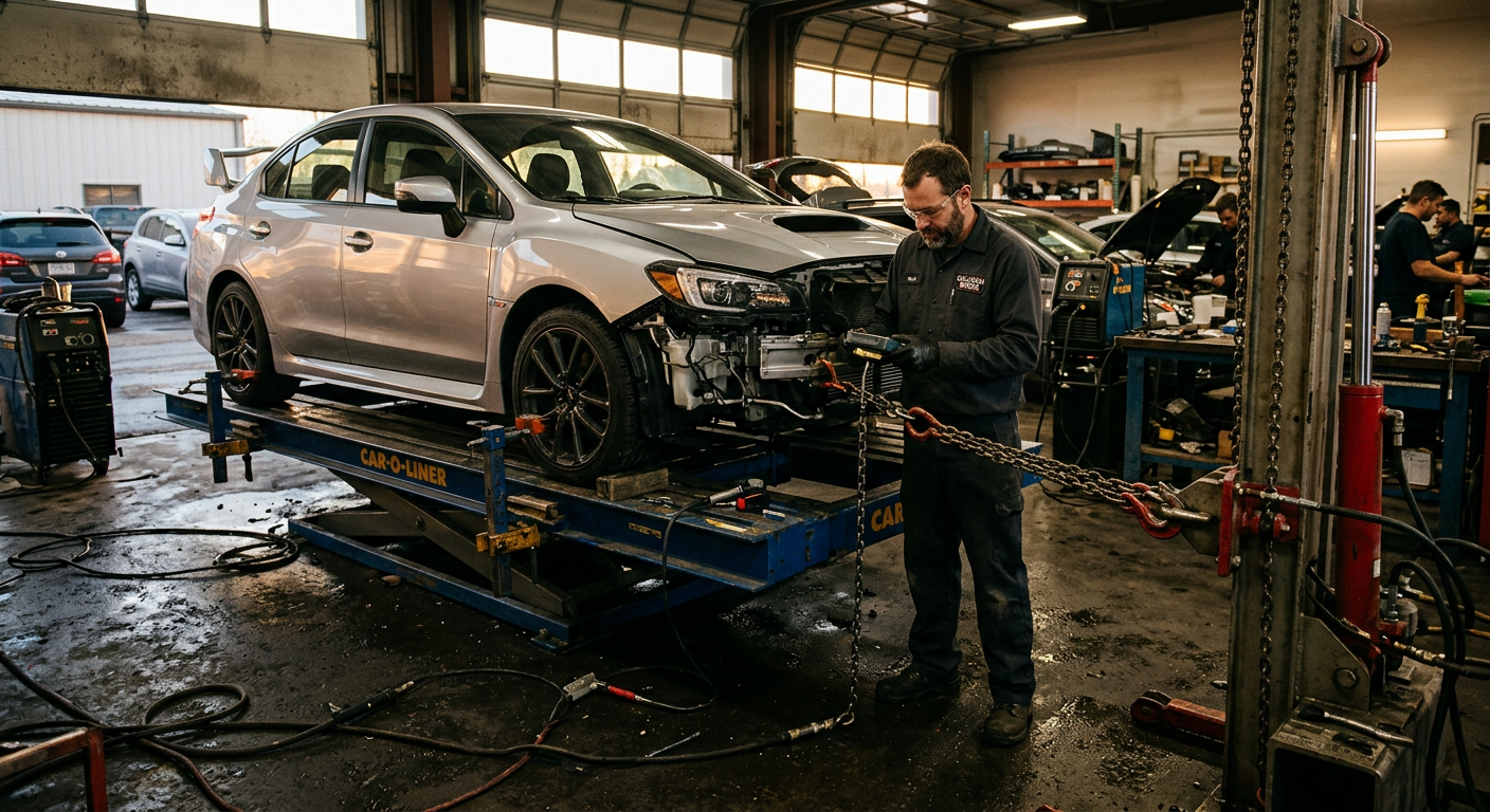 Car mounted on a frame straightening bench with pulling towers