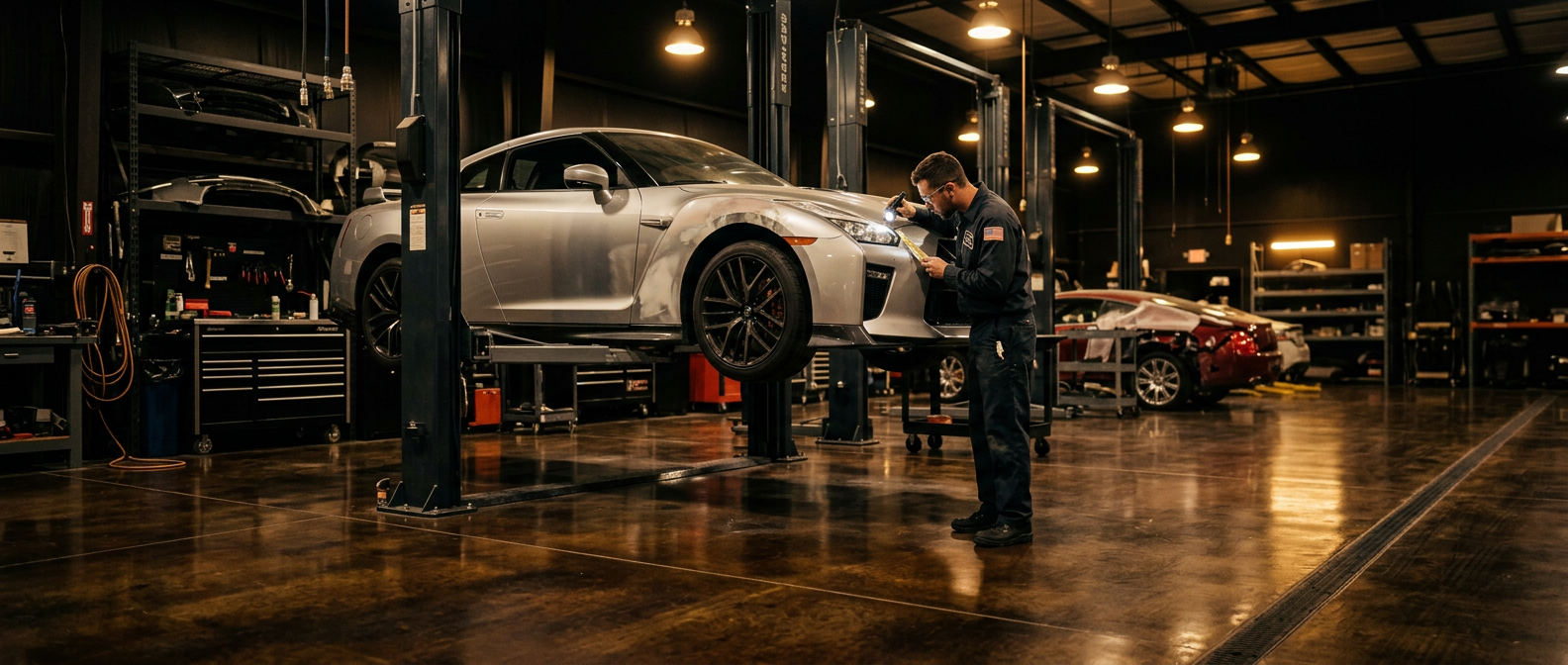 Silver sports car being restored in a professional collision repair shop